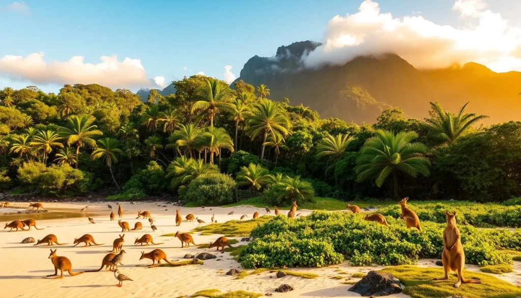 A lush, verdant landscape at Cape Hillsborough National Park, Queensland, under a warm, golden-hued afternoon sun. In the foreground, native Australian wildlife such as wallabies, kangaroos, and coastal birds like oystercatchers and plovers roam the sandy beaches and rocky outcroppings. The middle ground features a dense, vibrant rainforest canopy, with palm trees and lush tropical foliage. In the background, towering mountains rise up, their peaks shrouded in wispy clouds. The scene conveys a sense of tranquility and harmony between the diverse flora and fauna inhabiting this pristine natural environment.