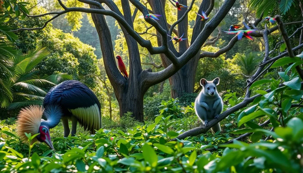 A lush, verdant landscape at Cape Tribulation, Queensland, teeming with diverse wildlife. In the foreground, a colorful cassowary forages among the undergrowth, its distinctive helmet and vibrant plumage standing out against the dappled sunlight. In the middle ground, a tree-dwelling tree kangaroo rests in the crook of a branch, its fluffy grey fur and curious expression capturing the viewer's attention. In the background, a flock of rainbow lorikeets flutter between the towering, ancient trees, their vibrant feathers glimmering in the warm, golden light. The scene conveys a sense of harmony and tranquility, inviting the viewer to immerse themselves in the natural wonders of this remarkable Australian ecosystem.