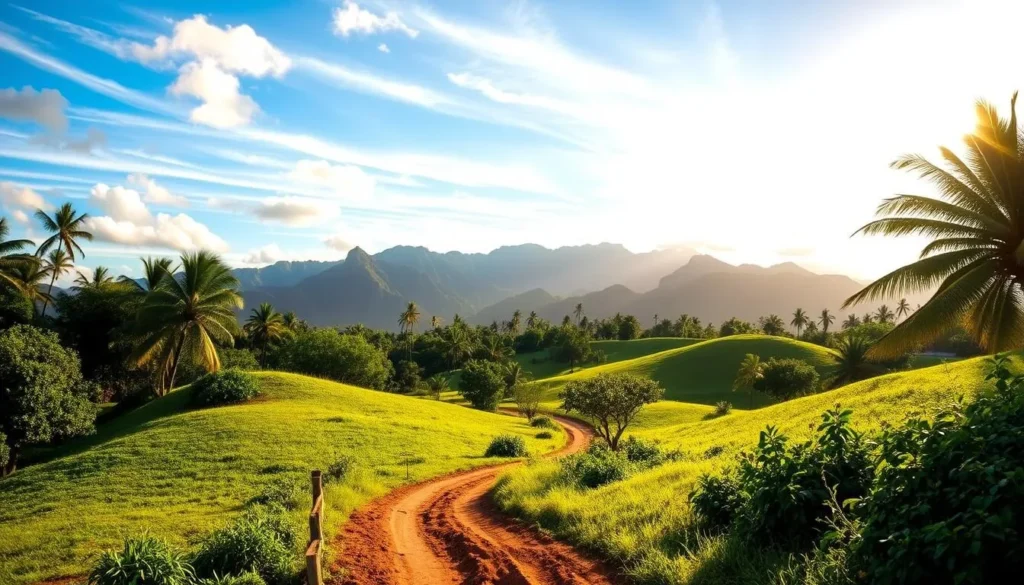 A lush, verdant landscape at Kualoa Ranch, Oahu, Hawaii, under a vibrant blue sky with scattered wispy clouds. Rolling green hills dotted with towering tropical trees and shrubs frame the scene. In the distance, majestic mountains rise, their rugged peaks silhouetted against the horizon. A winding dirt path leads the viewer through the serene natural beauty, inviting exploration. Warm, golden sunlight filters through the foliage, casting gentle shadows and highlighting the vibrant colors. The overall atmosphere conveys a sense of peaceful tranquility and the wonder of Hawaii's stunning natural environment.