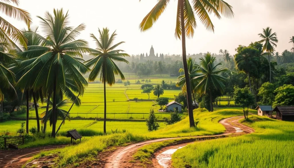 A lush, verdant landscape during the wet season in Siem Reap, Cambodia. Towering palm trees sway gently in the warm breeze, their fronds reflecting the soft, diffused sunlight. Vibrant green rice paddies stretch out into the distance, interspersed with traditional Khmer houses and the iconic spires of ancient temples peeking through the foliage. In the foreground, a winding dirt path leads through the tranquil countryside, puddles from recent rainfall glistening under the dappled light. The overall atmosphere is one of tranquility and natural abundance, capturing the essence of Siem Reap's magical wet season.