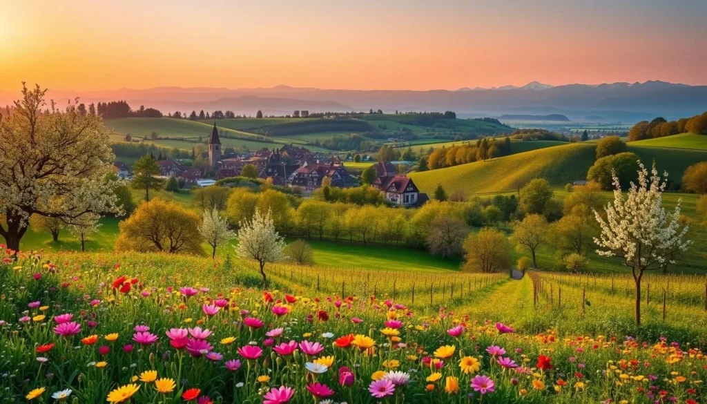 A lush, verdant landscape in Alsace, France, bathed in the warm glow of a spring sun. In the foreground, a vibrant carpet of wildflowers - vibrant pinks, yellows, and purples - dot the rolling hillsides. Groves of fruit trees burst with delicate blossoms, their petals drifting gently on a soft breeze. In the middle ground, a picturesque village nestles amidst a patchwork of vineyards and orchards, its half-timbered houses and cobblestone streets evoking a timeless charm. The distant Vosges Mountains rise majestically, their peaks capped with a dusting of snow, creating a breathtaking backdrop. The scene is suffused with a sense of tranquility and renewal, capturing the essence of Alsace in the springtime.