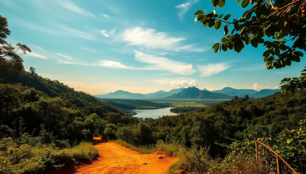 A lush, verdant landscape in Banlung, Cambodia, with rolling hills and dense tropical foliage. In the foreground, a winding dirt path leads through a vibrant, sun-dappled forest, inviting exploration. The middle ground features a tranquil lake, its still waters reflecting the surrounding greenery and a clear, azure sky. In the distance, majestic mountains rise up, their peaks shrouded in wispy clouds. The scene is bathed in warm, golden light, creating a serene and enchanting atmosphere, capturing the hidden beauty and charm of this captivating location.