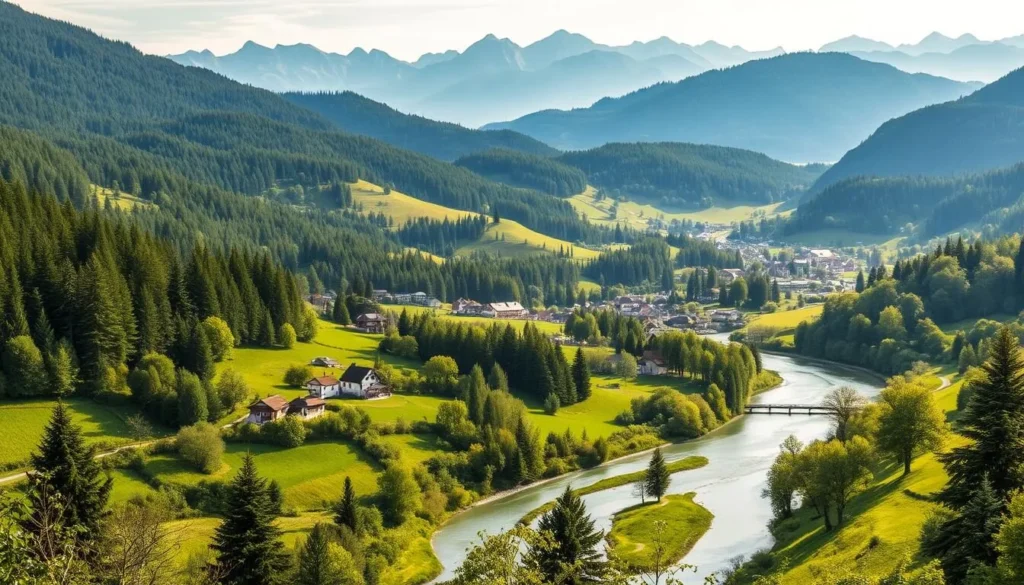 A lush, verdant landscape in Basel-Landschaft, Switzerland, where the borders of three countries converge. In the foreground, a winding river meanders through rolling hills, dotted with quaint villages and farmhouses. The middle ground features dense, pine-scented forests, and in the distance, the majestic peaks of the Alps rise, bathed in warm, golden sunlight. The scene conveys a sense of tranquility and natural harmony, inviting the viewer to explore this unique, tri-border region. Capture this captivating view with a wide-angle lens, showcasing the stunning vistas and the peaceful, rural atmosphere of Basel-Landschaft.