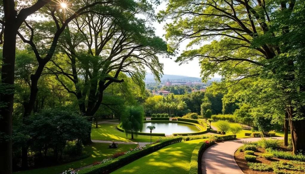 A lush, verdant landscape in Blantyre, Malawi, with towering trees and vibrant foliage. Sunlight filters through the canopy, casting a warm, golden glow across the scene. In the foreground, a winding path leads through a serene, well-manicured garden, lined with colorful flowers and neatly trimmed hedges. In the middle ground, a tranquil pond reflects the surrounding natural beauty, with gentle ripples on the surface. In the background, the skyline of Blantyre city rises, a blend of modern architecture and green spaces. The overall atmosphere is one of tranquility and harmony, inviting visitors to immerse themselves in the natural splendor of this Malawian city.