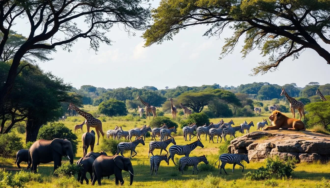 A lush, verdant landscape in Buffalo City, South Africa, teeming with diverse wildlife. In the foreground, a family of elephants grazes peacefully, their massive bodies casting long shadows. Giraffes peer through the canopy of towering trees, their long necks swaying gracefully. In the middle ground, a herd of zebras trots across the savanna, their black and white stripes creating a mesmerizing pattern. In the distance, a majestic lion lounges on a rocky outcrop, surveying its domain under the warm, golden light of the sun. The scene exudes a sense of tranquility and harmony, capturing the essence of Buffalo City's natural splendor.