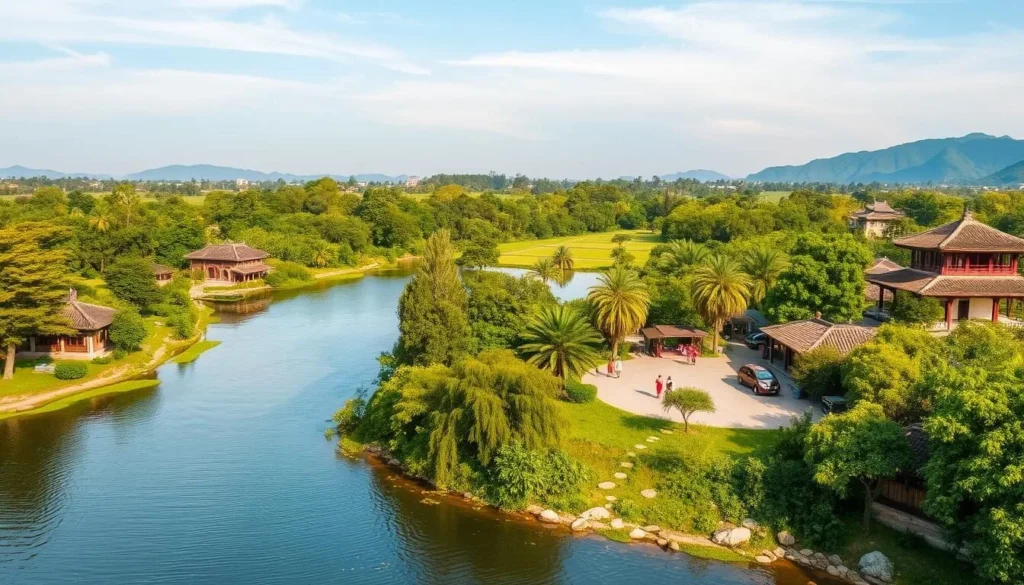 A lush, verdant landscape in Hue, Vietnam on a pleasant day. In the foreground, a tranquil river winds through the scene, its calm waters reflecting the azure sky above. On the riverbanks, traditional Vietnamese architecture and vibrant foliage create a picturesque and serene atmosphere. In the middle ground, a group of locals engage in their daily activities, adding to the cultural authenticity of the setting. The background showcases the rolling hills and distant mountains, creating a sense of depth and natural beauty. Warm, diffused lighting illuminates the scene, casting a golden glow and highlighting the vibrant colors of the environment. The overall composition conveys the idyllic and weather-savvy charm of Hue, Vietnam, inviting the viewer to imagine themselves immersed in this picturesque destination.