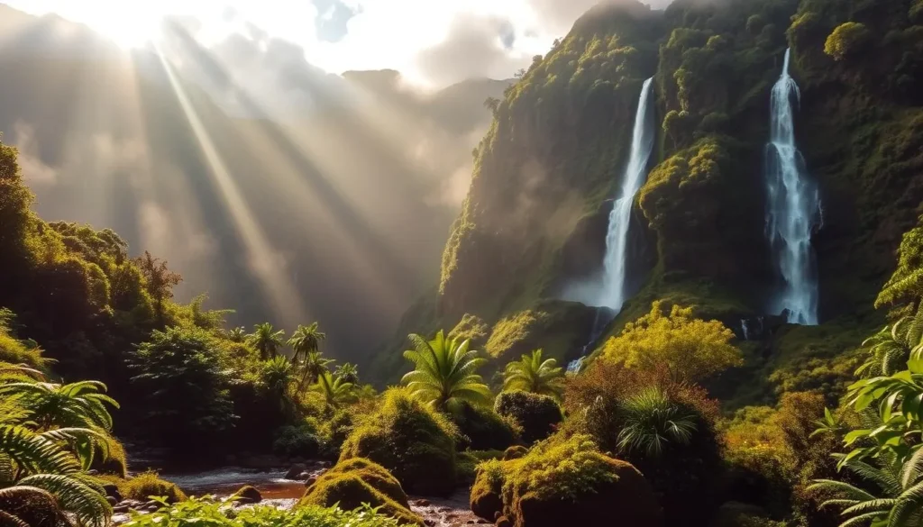 A lush, verdant landscape in Kauai, Hawaii, where cascading waterfalls tumble down verdant cliffs shrouded in mist. Sunlight filters through the mist, casting a warm, golden glow on the scene. In the foreground, a tranquil stream meanders through a carpet of ferns and mosses. The middle ground reveals towering, jungle-clad mountains, their peaks partially obscured by wispy clouds. In the background, a series of powerful waterfalls cascade over the edge, their waters crashing into deep pools below. The overall atmosphere is one of serene, natural beauty, capturing the essence of Kauai's unique and lush tropical climate.