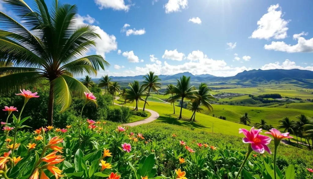 A lush, verdant landscape in Maui under a bright, sun-dappled sky. In the foreground, vibrant tropical flowers bloom in abundance, their petals gently swaying in the warm, gentle breeze. The middle ground features a winding path leading through a grove of swaying palm trees, their fronds casting intricate patterns of light and shadow. In the distance, rolling green hills and distant mountains rise up, their slopes cloaked in the soft hues of spring. The overall scene conveys a sense of tranquility, serenity, and the natural beauty that embodies the springtime in Maui. Captured with a wide-angle lens to showcase the expansive vista, the lighting is soft and diffused, creating a warm, inviting atmosphere.