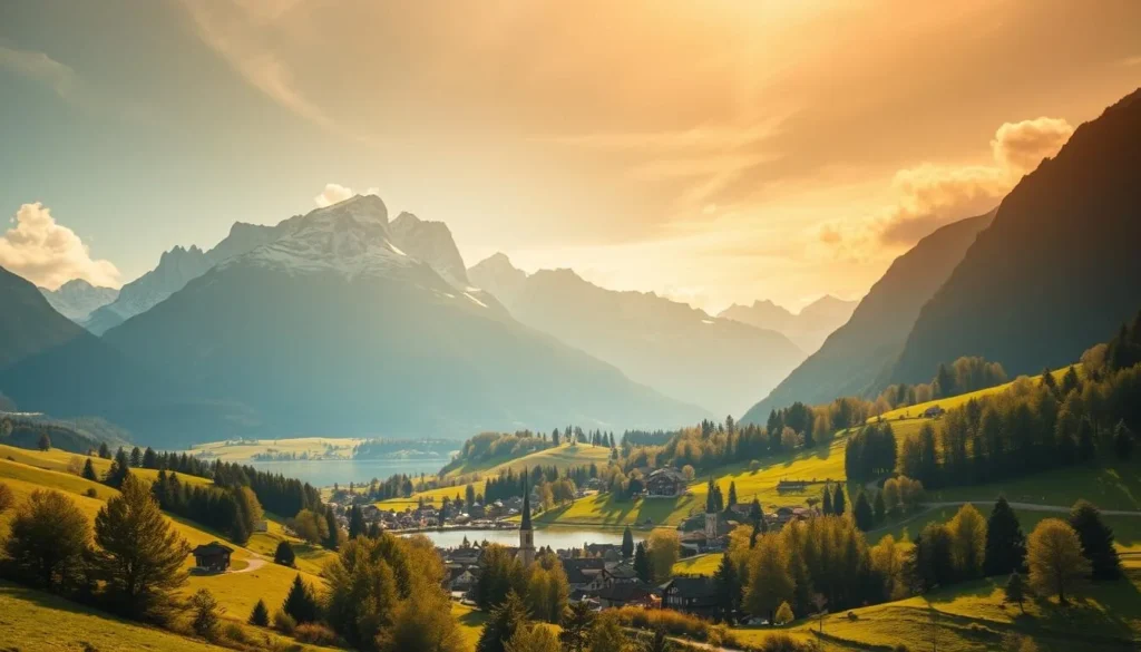 A lush, verdant landscape in Nidwalden, Switzerland, bathed in warm, golden sunlight. In the foreground, a picturesque village nestled among rolling hills, its charming chalets and church steeples reflecting in a tranquil lake. Towering, snow-capped peaks rise majestically in the background, their rugged beauty accentuated by soft, wispy clouds. The scene evokes a sense of peaceful serenity, inviting the viewer to immerse themselves in the natural splendor of this Alpine wonderland. Captured with a wide-angle lens to showcase the breadth of the landscape, this image perfectly captures the essence of Nidwalden, showcasing its quintessential charm and breathtaking scenery.