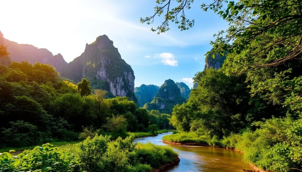 A lush, verdant landscape in Phong Nha-Kẻ Bàng National Park, Vietnam. In the foreground, a tranquil river winds through the verdant undergrowth, its crystal-clear waters reflecting the surrounding foliage. In the middle ground, towering limestone karst formations rise majestically, their jagged peaks piercing the azure sky. Sunlight filters through the canopy, casting a warm, golden glow over the scene. In the background, a dense, primeval forest stretches out, its leafy boughs swaying gently in the breeze. A sense of serenity and natural wonder pervades the entire composition, inviting the viewer to explore this remarkable natural treasure.