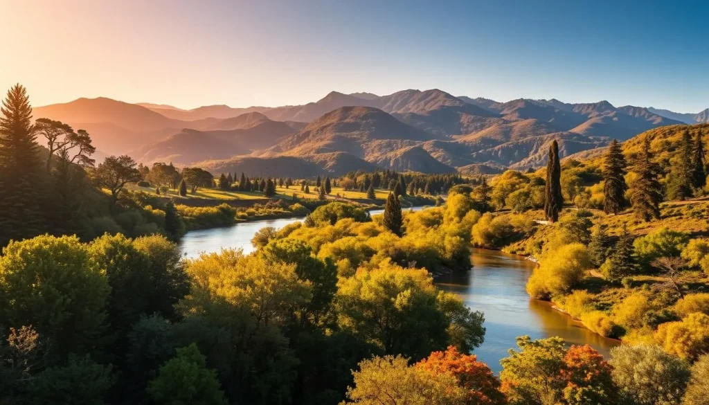 A lush, verdant landscape in Tlaxcala, Mexico, bathed in warm, golden sunlight. In the foreground, a winding river flows gently, its crystal-clear waters reflecting the towering trees and vibrant foliage that line its banks. Farther back, rolling hills and rugged mountains rise up, their slopes covered in a tapestry of diverse flora, from towering pines to colorful wildflowers. The air is crisp and refreshing, with a hint of earthy, floral scents carried on a gentle breeze. The overall scene conveys a sense of tranquility and natural harmony, inviting the viewer to immerse themselves in the beauty of Tlaxcala's stunning natural wonders.