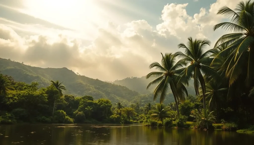 A lush, verdant landscape in Tonga, with rolling hills and a shimmering horizon. Rays of golden sunlight filter through wispy clouds, casting a warm glow over the scene. In the foreground, a tranquil lake reflects the surrounding foliage, its surface gently rippled by a light breeze. Towering palm trees sway gracefully, their fronds rustling softly. The air is thick with humidity, creating a hazy, atmospheric effect. The overall mood is one of serenity and tropical paradise, perfectly capturing the rainfall and humidity levels that define Tonga's unique climate.
