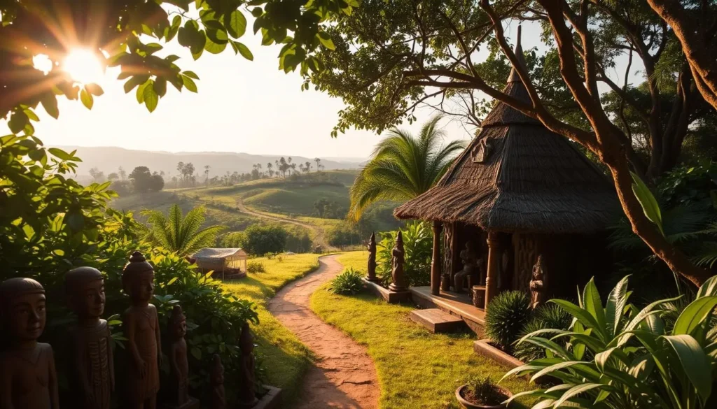 A lush, verdant landscape in the heart of Côte d'Ivoire's Baoulé region. Sunlight filters through the dense foliage, casting a warm, golden glow on the intricate shrines and sacred sites scattered throughout the scene. Carved wooden figures stand guard, their expressive faces imbued with a sense of mysticism and spiritual significance. In the middle ground, a winding path leads to a modest but ornately decorated structure, its thatched roof and carved decorations hinting at the rich cultural traditions of the Baoulé people. In the background, a rolling hills and the distant silhouettes of trees create a serene, contemplative atmosphere, inviting the viewer to immerse themselves in the spiritual essence of this remarkable landscape.