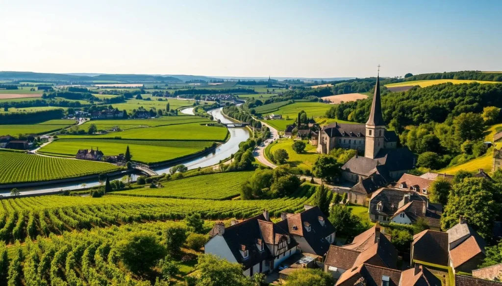 A lush, verdant landscape in the heart of the Loire Valley, France. Picturesque chateaux nestled amid rolling hills and winding rivers, their ancient stone walls bathed in warm, golden sunlight. Verdant vineyards stretch out as far as the eye can see, their rows of grapevines casting long shadows across the fertile soil. In the foreground, a quaint village with charming, half-timbered houses and winding cobblestone streets, its church steeple piercing the cloudless azure sky. The scene is imbued with a sense of timeless tranquility, a true "Garden of France" in all its natural splendor.