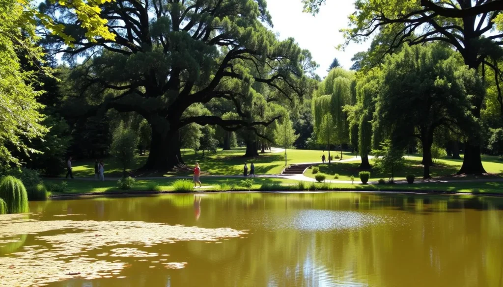 A lush, verdant landscape of Alton Baker Park in Eugene, Oregon on a bright, sunny day. In the foreground, a picturesque pond reflects the surrounding trees and lush greenery. In the middle ground, people stroll along the well-maintained trails, enjoying the tranquil atmosphere. The background features the towering canopy of mature trees, casting dappled shadows across the scene. The lighting is warm and natural, creating a serene and inviting ambiance. Capture the essence of this beloved local park, a prime destination for outdoor recreation and leisure in the heart of Eugene.