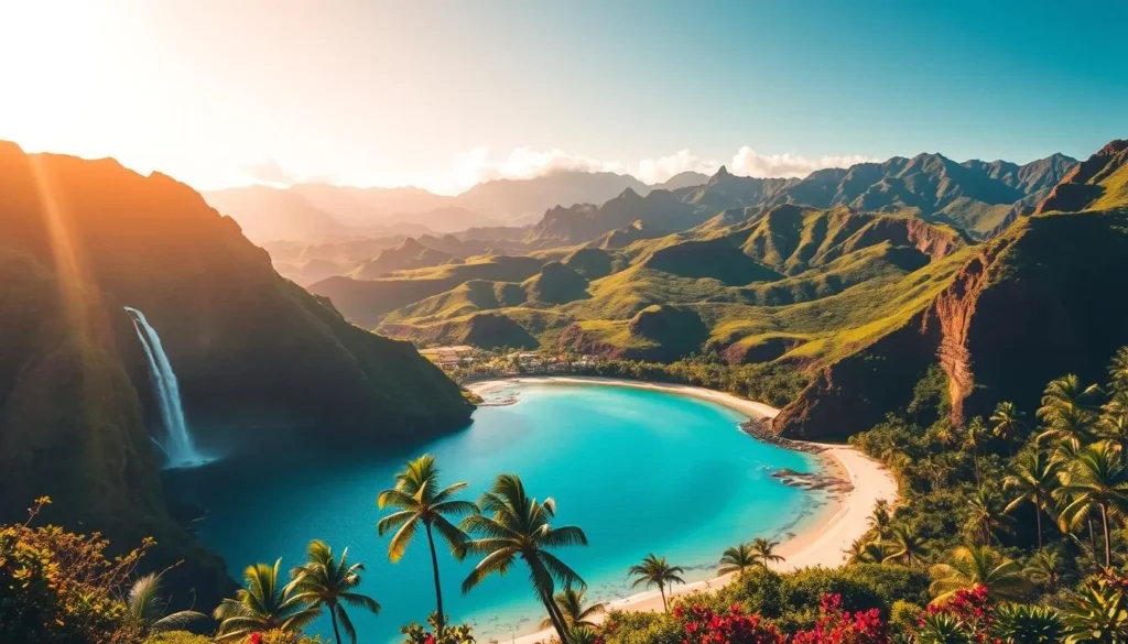 A lush, verdant landscape of Kauai island, the "Garden Isle" of Hawaii, bathed in warm, golden sunlight. In the foreground, towering emerald cliffs and cascading waterfalls spill into a crystal-clear turquoise lagoon. Pristine white-sand beaches line the coastline, framed by swaying palm trees. In the middle ground, vibrant tropical foliage and colorful flora dot the rolling hills. The background showcases the majestic volcanic peaks of the island's interior, their rugged silhouettes set against a bright, cloudless sky. The scene exudes a sense of tranquility, harmony, and the natural beauty that defines Kauai's breathtaking landscape.