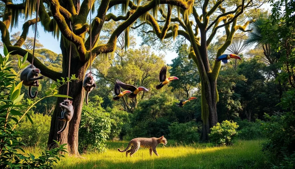 A lush, verdant landscape of Kep National Park, Cambodia, teeming with diverse wildlife. In the foreground, a family of grey langurs swing gracefully between the canopy of towering, moss-covered trees, their curious eyes peering down. In the middle ground, a sleek, spotted leopard cat stalks silently through the undergrowth, its tawny coat blending seamlessly with the dappled sunlight. In the distance, a group of colorful hornbills take flight, their large, curved beaks and vibrant plumage a striking contrast against the azure sky. The scene is bathed in warm, golden light, creating a serene and magical atmosphere, capturing the essence of the park's thriving ecosystem.