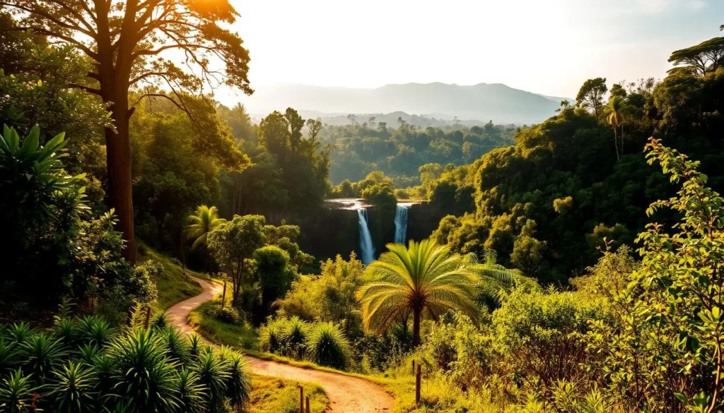 A lush, verdant landscape of Kirirom National Park, Cambodia, bathed in warm, golden sunlight. In the foreground, a winding path leads through a dense forest, with towering trees and vibrant foliage lining the way. In the middle ground, a cascading waterfall spills over rocky cliffs, its shimmering waters catching the light. Beyond, rolling hills and distant mountains create a serene, picturesque backdrop. The scene exudes a sense of tranquility and natural beauty, inviting the viewer to explore this enchanting corner of the world.