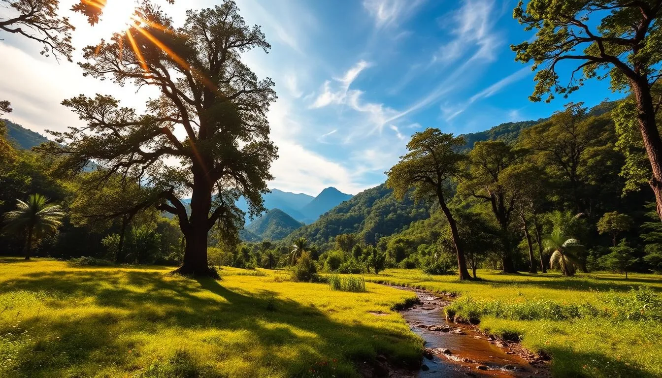 A lush, verdant landscape of Kirirom National Park in Cambodia. In the foreground, a winding stream flows gently through a meadow dotted with vibrant wildflowers. Towering, ancient trees cast dappled shadows across the scene, their branches swaying in a light breeze. In the middle ground, rolling hills covered in dense, emerald-hued forests rise up, creating a serene and tranquil atmosphere. The background is dominated by the majestic silhouettes of distant mountain peaks, their jagged outlines framed by a brilliant azure sky with wispy, cloud-like formations. Warm, golden sunlight filters through the canopy, illuminating the natural beauty of this pristine, untouched wilderness.