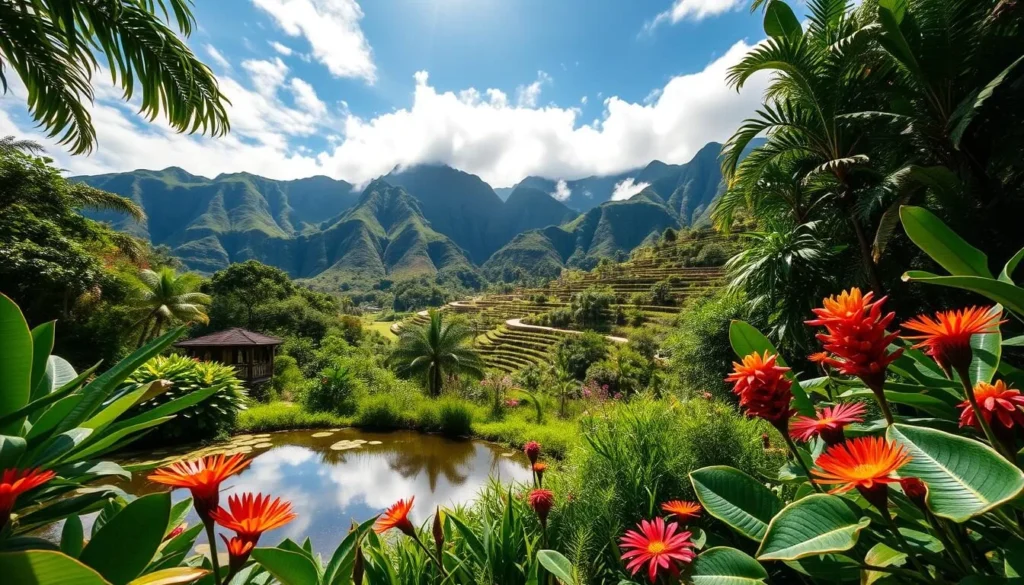 A lush, verdant landscape of Limahuli Garden in Kauai, Hawaii. The foreground features a tranquil pond surrounded by vibrant tropical foliage and colorful flowers, including vibrant heliconia and fragrant ginger blooms. The middle ground showcases the terraced gardens and winding pathways that showcase the diversity of native Hawaiian plants. In the background, towering green mountains rise, their peaks capped with wispy clouds under a warm, sun-dappled sky. The scene radiates a serene, peaceful atmosphere, inviting the viewer to explore this ecological oasis. Captured with a wide-angle lens to highlight the garden's lush, verdant splendor.