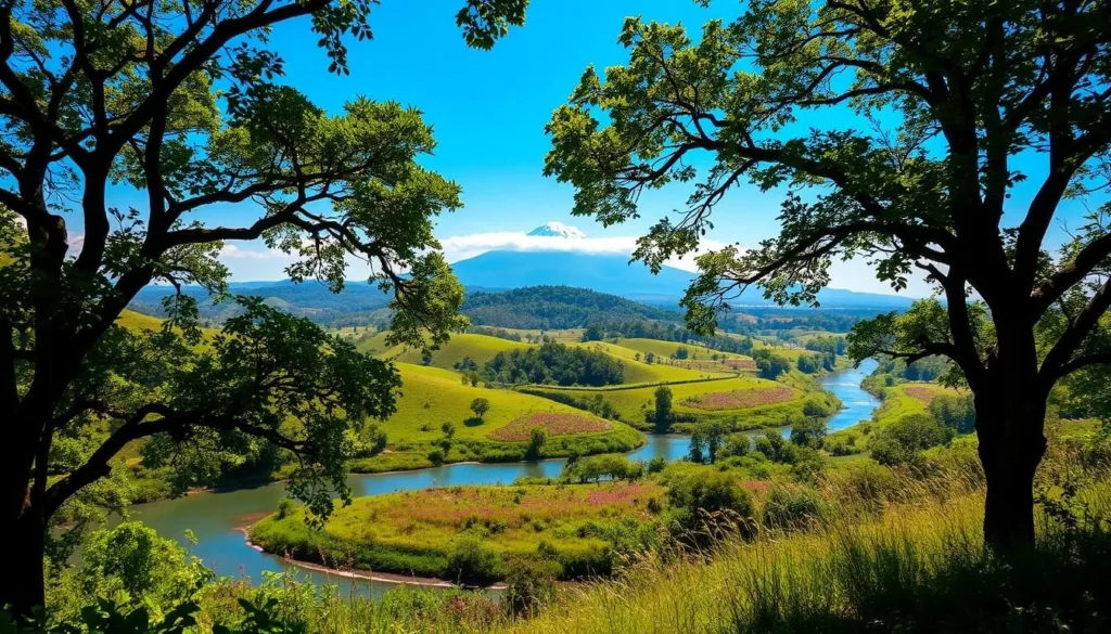 A lush, verdant landscape of Mondulkiri Province, Cambodia, unfolds before the viewer. In the foreground, a winding river cuts through the rolling hills, its tranquil waters reflecting the azure sky above. Towering trees, their branches laden with verdant foliage, frame the scene, casting dappled shadows on the ground below. In the middle ground, undulating hills dotted with vibrant wildflowers and tall grasses sway gently in the breeze. The background is dominated by a majestic mountain range, its peaks capped with wisps of cloud, creating a serene and captivating vista. The warm, golden light of a perfect day bathes the entire landscape, imbuing it with a sense of natural beauty and tranquility.