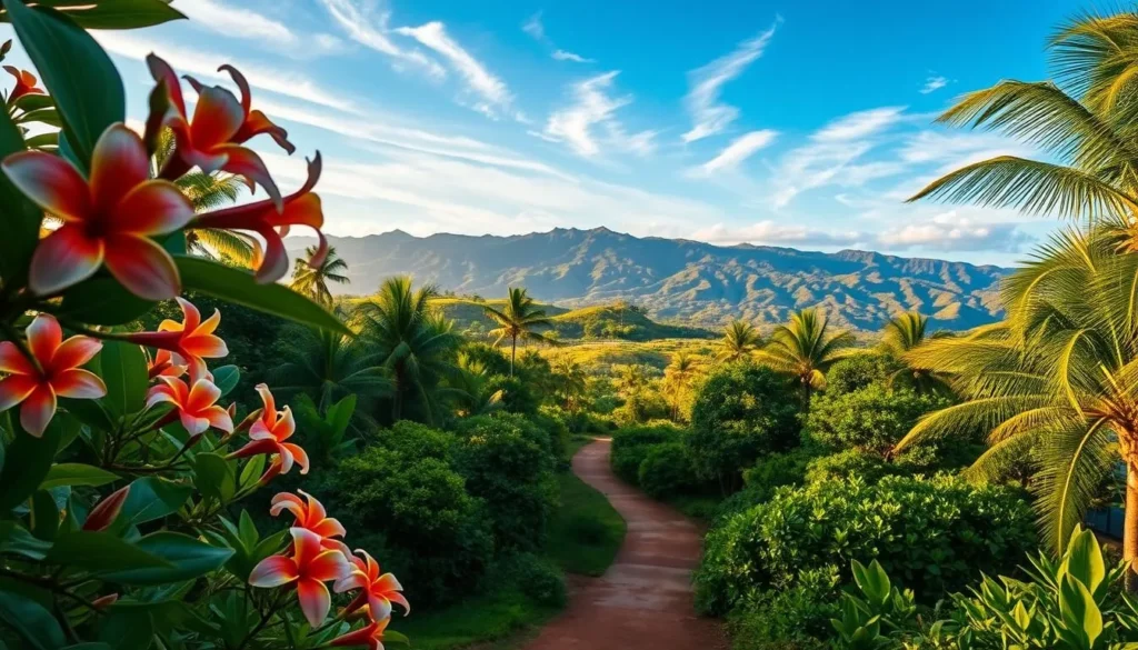 A lush, verdant landscape of Oahu in springtime. In the foreground, vibrant plumeria blooms sway gently in a soft ocean breeze. The middle ground features a winding path leading through a tropical forest, dappled with sunlight filtering through the canopy of palm trees. In the background, rolling hills and distant mountains are bathed in a warm, golden glow. The sky is a brilliant azure, with wispy cirrus clouds casting delicate shadows. The overall scene conveys a sense of serene tranquility and the natural beauty of Hawaii during the spring season.