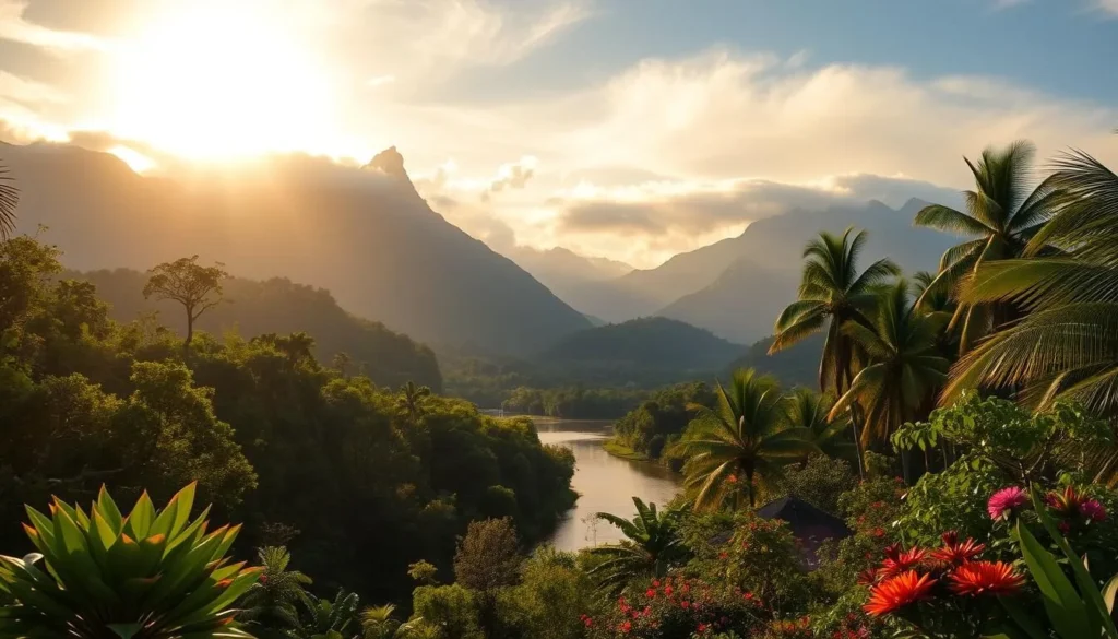 A lush, verdant landscape of Papua New Guinea unfolds, bathed in the warm glow of a golden sun. Towering mountains rise in the distance, their peaks shrouded in wispy clouds. In the foreground, a winding river meanders through the tropical foliage, its waters shimmering with reflected light. Vibrant flora, such as colorful flowers and tall, swaying palm trees, frame the scene, creating a serene and inviting atmosphere. The air is filled with a gentle breeze, carrying the scent of exotic blooms. This idyllic setting captures the essence of Papua New Guinea's best weather conditions, perfect for a weather-savvy traveler's exploration.