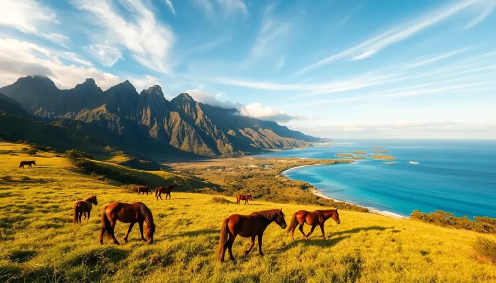 A lush, verdant landscape of Ua Huka Island in the Marquesas archipelago of French Polynesia. In the foreground, a rolling meadow dotted with wild horses grazing peacefully. Behind them, a row of majestic, rugged mountains rise up, their peaks kissed by wispy clouds. In the middle ground, a winding river cuts through the terrain, its crystal-clear waters reflecting the azure sky above. The scene is bathed in warm, golden sunlight, creating a serene and tranquil atmosphere. Capture the essence of this untamed, remote island paradise with a cinematic, wide-angle perspective.