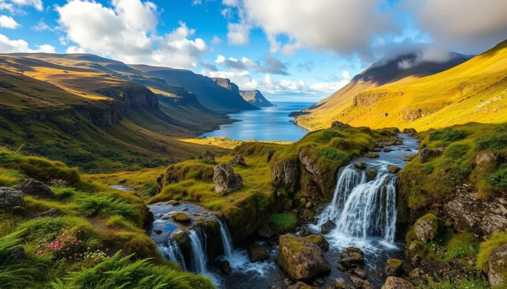 A lush, verdant landscape of rolling hills and dramatic cliffs along the rugged coastline of Ulster, Ireland. In the foreground, a picturesque waterfall cascades over mossy rocks, surrounded by ferns and wildflowers. The middle ground features a serene lake reflecting the azure sky and fluffy white clouds above. In the distance, towering mountains rise, their peaks shrouded in a gentle mist. Warm, golden sunlight filters through, illuminating the scene with a tranquil, ethereal atmosphere. Capture this natural wonder with a wide-angle lens, framing the entire panorama in a cohesive, breathtaking composition.