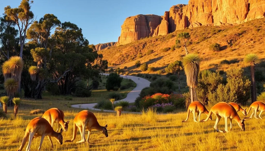 A lush, verdant landscape of the Cape Range National Park in Western Australia. In the foreground, a group of kangaroos casually grazing, their tawny fur glistening in the warm, golden sunlight. In the middle ground, a winding trail leads deeper into the park, framed by towering eucalyptus trees and dotted with vibrant wildflowers. The background features rugged, ochre-hued cliffs rising majestically, casting long shadows across the scene. The atmosphere is serene and tranquil, inviting the viewer to immerse themselves in the natural splendor of this wildlife haven.