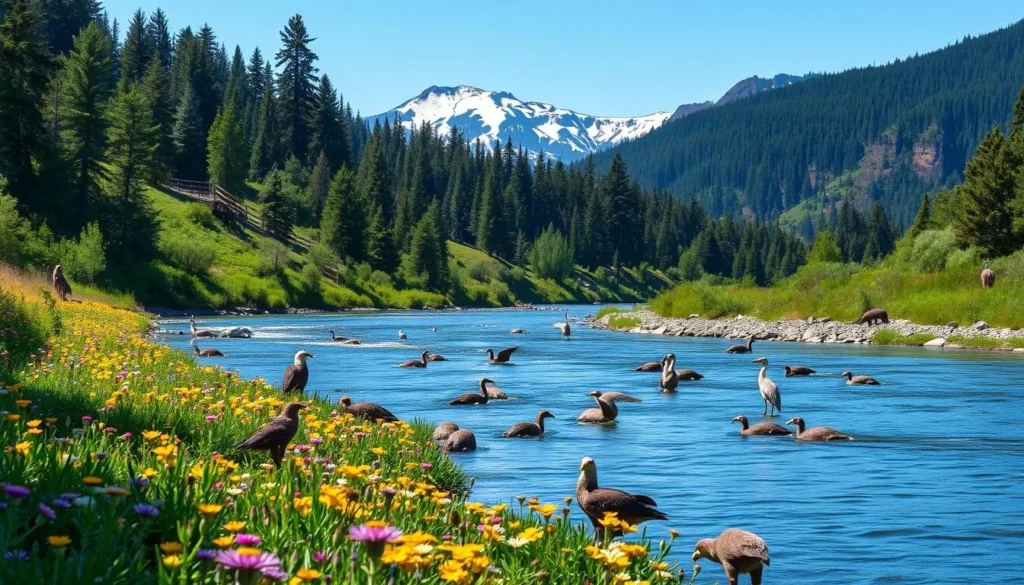 A lush, verdant landscape of the Klamath Mountains, California, on a warm, sun-dappled day. In the foreground, a tranquil river flows, its banks dotted with vibrant wildflowers. Across the water, a diverse array of local wildlife - majestic bald eagles, graceful herons, and playful river otters - engage in their natural behaviors, creating a captivating scene. The middle ground features a forested hillside, its towering trees casting soft, filtered light upon the riverbank. In the distance, snow-capped peaks rise majestically, completing the picturesque tableau. The overall atmosphere conveys a sense of serene harmony, inviting the viewer to immerse themselves in the beauty of the Klamath region.