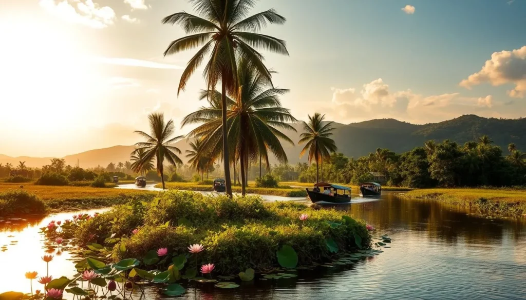 A lush, verdant landscape of the Mekong Delta unfolds, capturing the region's natural wonders. In the foreground, a winding river reflects the serene sky, its banks dotted with vibrant lotus flowers in full bloom. Towering palm trees sway gently in the warm breeze, their fronds casting dappled shadows across the scene. In the middle ground, traditional wooden boats glide effortlessly along the waterways, offering a glimpse into the local way of life. Beyond, rolling hills and dense mangrove forests rise, creating a sense of depth and mystery. The warm, golden light of a sun-drenched day bathes the entire landscape, imbuing it with a sense of tranquility and timelessness.