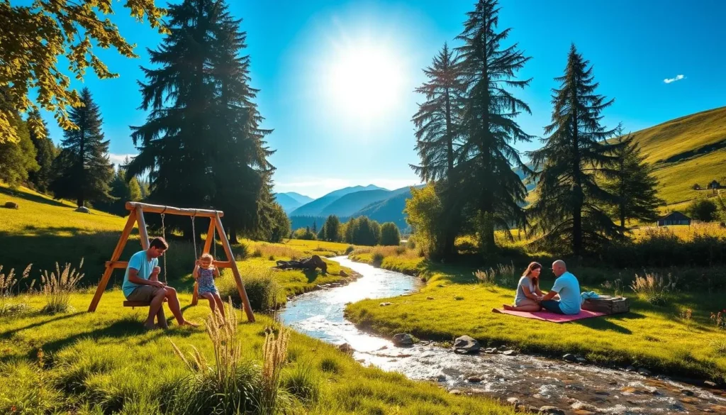 A lush, verdant landscape of the Thurauen Nature Park in Switzerland. In the foreground, a family of four - parents and two children - enjoying outdoor activities together. The children are playing on a wooden swing set, while the parents sit on a picnic blanket, taking in the serene surroundings. In the middle ground, a meandering stream with crystal-clear water, flanked by towering trees and vibrant wildflowers. In the background, rolling hills and a clear, azure sky, bathed in warm, golden sunlight filtering through the canopy. The scene exudes a sense of tranquility, with the family at the heart of this idyllic, nature-filled setting.