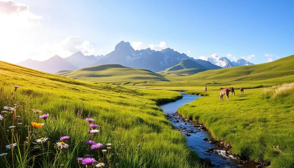 A lush, verdant landscape of the Zürcher Oberland Nature Park, Switzerland. In the foreground, a diverse array of wildflowers and grasses sway gently in the soft breeze. In the middle ground, a tranquil stream meanders through the rolling hills, its surface reflecting the clear blue sky above. Towering mountains rise in the background, their peaks capped with snow. Sunlight filters through the clouds, casting a warm, golden glow over the entire scene. A family of deer grazes peacefully, their graceful movements capturing the essence of the park's natural beauty. The overall atmosphere is one of serenity and wonder, inviting the viewer to immerse themselves in the stunning natural environment of the Zürcher Oberland.