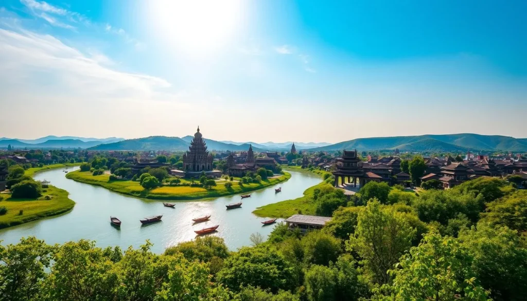 A lush, verdant landscape under a bright, warm sun casts a serene ambiance over a picturesque Vietnamese city. In the foreground, a meandering river reflects the azure sky, its gentle current dotted with traditional wooden boats. In the middle ground, centuries-old pagodas and imperial citadels stand tall, their ornate roofs and intricate architectural details a testament to Hue's rich cultural heritage. In the background, rolling hills covered in a patchwork of vibrant greenery fade into the distance, creating a sense of depth and natural harmony. The scene exudes a tranquil, weather-tempered atmosphere, capturing the essence of Hue's unique and captivating climate.