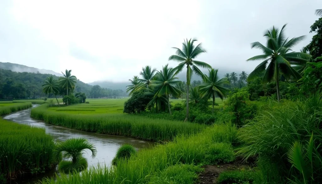 A lush, verdant landscape under a gloomy, overcast sky. In the foreground, a winding river cuts through the scene, its banks lined with tall, swaying grasses. Towering palm trees dot the middle ground, their fronds rustling in the gentle breeze. In the distance, misty hills rise up, partially obscured by the hazy atmosphere. The ground is damp, with puddles reflecting the muted light, creating a sense of tranquility and renewal. The overall mood is one of serene contemplation, inviting the viewer to immerse themselves in the natural beauty of the wet season.