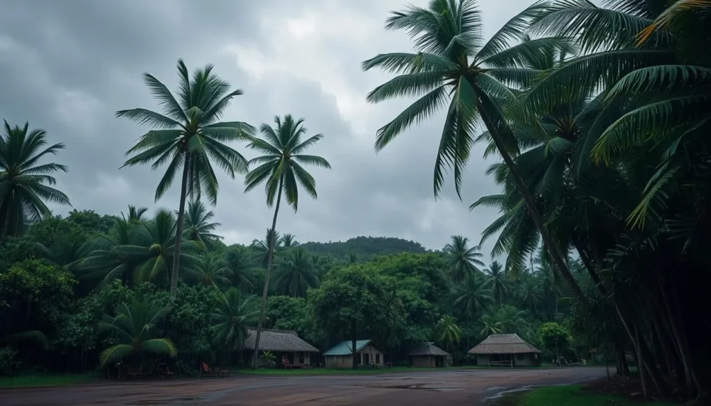 A lush, verdant landscape under a heavy downpour in the Solomon Islands. Towering palm trees sway gently in the wind, their fronds rustling against a moody, charcoal-gray sky. In the foreground, a small village nestled among the foliage, its thatched-roof huts partially obscured by the cascading rain. Puddles dot the muddy ground, reflecting the gloomy clouds above. The lighting is soft and diffused, creating a sense of tranquility and solitude. The camera angle is slightly elevated, offering a panoramic view of the tropical scene. The mood is one of quiet contemplation, capturing the essence of the rainy season in this remote Pacific archipelago.