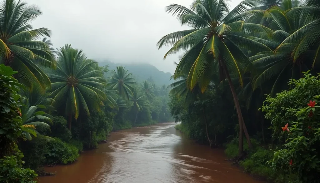 A lush, verdant landscape under a misty, overcast sky. Towering palm trees sway gently in the humid breeze, their fronds dripping with recent rainfall. In the foreground, a winding river cuts through the jungle, its waters a deep, murky brown. Vibrant green foliage lines the riverbanks, dotted with splashes of colorful tropical flowers. The air is thick with the scent of damp earth and the calls of unseen wildlife. A sense of tranquility and mystery pervades the scene, capturing the essence of Papua New Guinea's wet season.