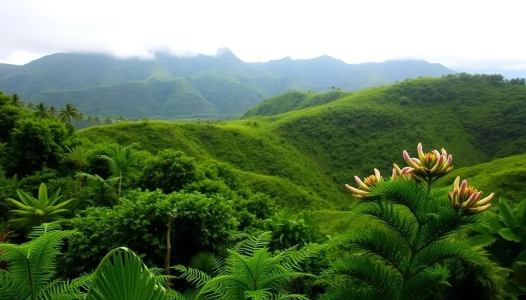 A lush, verdant landscape under a soft, diffused light. Rolling hills and dense tropical foliage in the foreground, mist-shrouded mountains in the middle distance, and a gently overcast sky above. Ferns and flowers sway in a light breeze, their delicate forms capturing the essence of Molokai's wet season. The scene exudes a sense of tranquility and natural harmony, inviting the viewer to immerse themselves in the island's captivating beauty during this time of year.