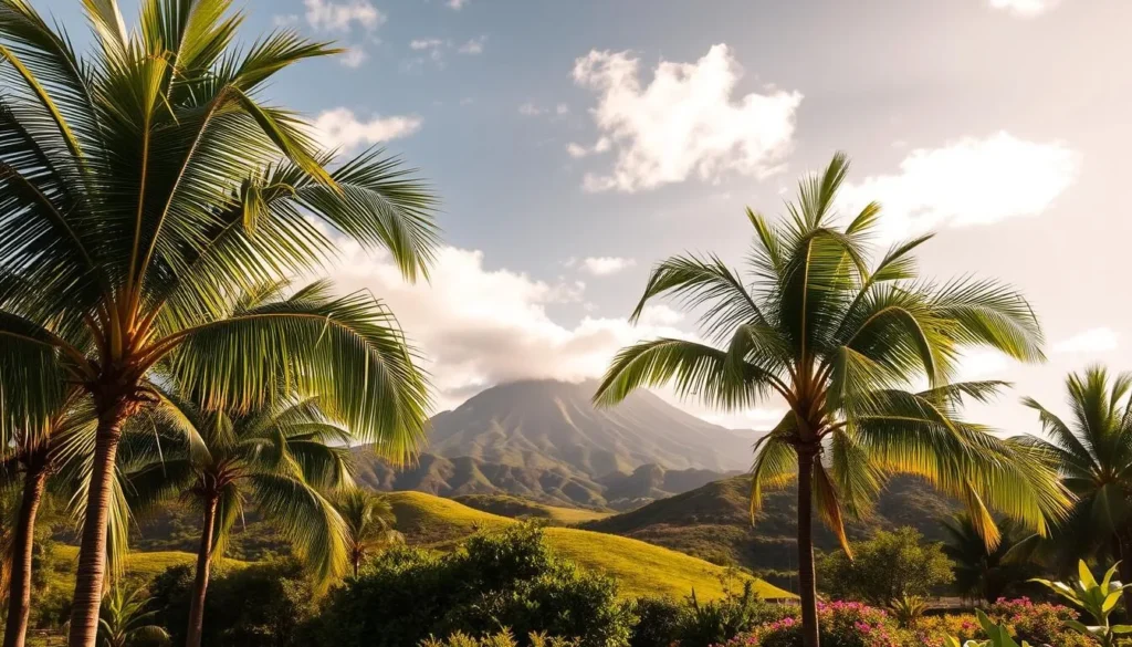 A lush, verdant landscape under a warm, sun-dappled sky. In the foreground, palm trees sway gently in a gentle breeze, their fronds casting soft shadows on the ground below. The middle ground features rolling hills, their slopes dotted with vibrant tropical flowers in shades of pink, purple, and yellow. In the distance, a majestic volcano rises, its peak shrouded in wispy clouds. The lighting is soft and natural, creating a serene, idyllic atmosphere that captures the essence of Maui's seasonal weather patterns.