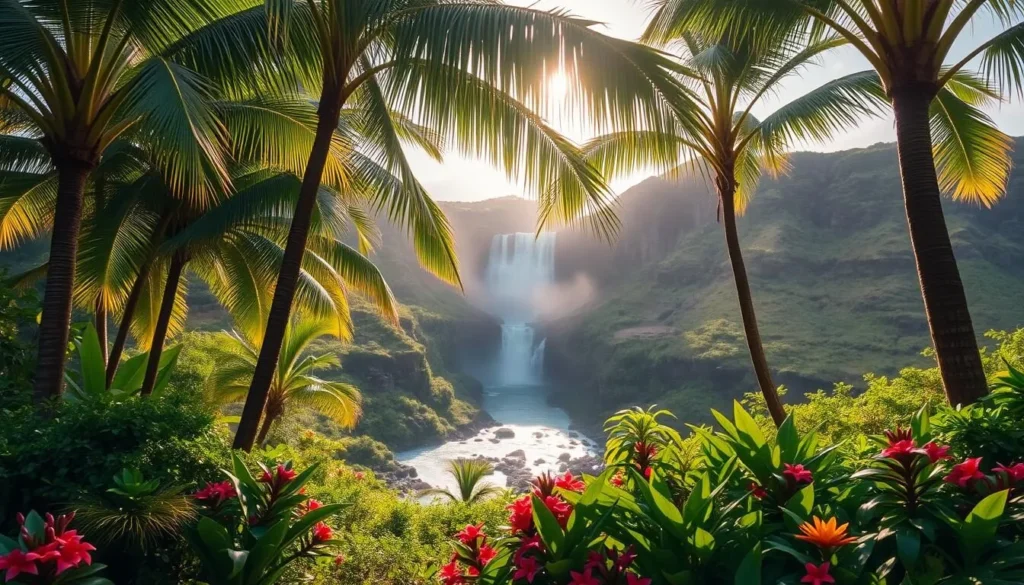 A lush, verdant landscape unfolds along the coast of Hilo, the Big Island's eastern shore. Towering palms sway gently in the breeze, their fronds casting dappled shadows on the rich, fertile soil below. In the distance, a majestic waterfall cascades over rugged volcanic cliffs, its white-capped waters crashing into a tranquil pool. The warm tropical sun bathes the scene in a soft, golden glow, casting a serene and inviting atmosphere. Vibrant green foliage and colorful tropical flowers dot the foreground, creating a visually captivating and lush oasis. This is the lush, verdant side of the Big Island, where nature's beauty is on full display.
