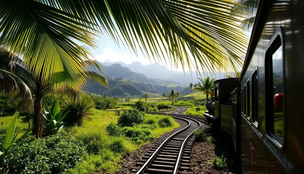 A lush, verdant landscape unfolds before a narrow-gauge railway snaking through the heart of Kauai's verdant interior. Sunlight filters through swaying palm fronds, casting dappled shadows upon the weathered wooden rails and the quaint locomotive chugging steadily along. In the distance, rolling hills and misty mountain peaks rise, creating a picturesque backdrop for this unique heritage experience. Passengers aboard the Kauai Plantation Railway gaze out at the passing vistas, immersed in the tranquil charm of this historic transportation system that offers a glimpse into the island's agricultural past.