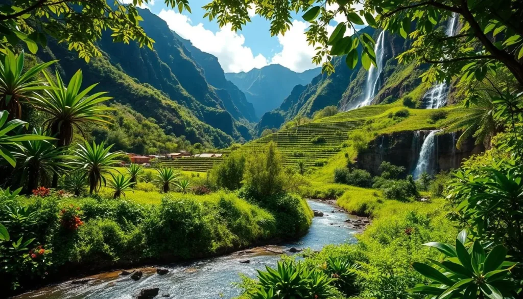 A lush, verdant landscape unfolds in Waimea Valley, Oahu, where the ancient Ahupua'a system is manifested. In the foreground, a meandering stream glistens under the warm Hawaiian sun, its banks dotted with vibrant flora. The middle ground reveals terraced gardens, tended by the local community, showcasing the sustainable agricultural practices of this traditional land management system. In the background, towering cliffs and cascading waterfalls frame the scene, creating a serene and breathtaking vista. The composition captures the essence of this sacred valley, where the harmony between man and nature is celebrated, and the rich cultural heritage of the Hawaiian people is preserved.