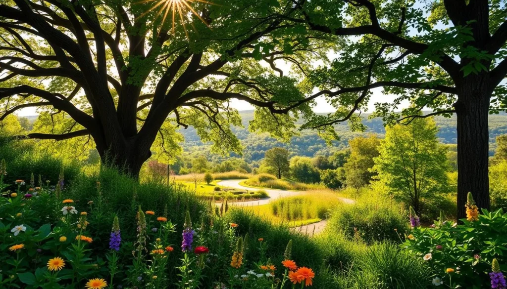 A lush, verdant landscape unfolds, showcasing the natural beauty of the Ozarks region. In the foreground, a vibrant tapestry of wildflowers and shrubbery creates a captivating display, framed by the towering canopy of ancient oak and maple trees. Sunlight filters through the verdant leaves, casting a warm, golden glow across the scene. The middle ground reveals a winding path, inviting visitors to explore the serene, tranquil gardens. In the distance, the rolling hills of the Ozarks rise up, their gentle slopes blanketed in a verdant carpet of vegetation. The overall atmosphere is one of peace, tranquility, and a profound connection with nature, capturing the essence of the "Garden of the Ozarks."