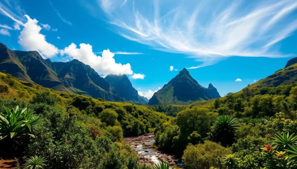 A lush, verdant landscape unfolds, where vibrant shades of green envelop the rolling hills and valleys of Kauai. In the foreground, a pristine stream winds its way through the dense foliage, its crystal-clear waters reflecting the warm, golden hues of the sun's rays. Majestic cliffs rise in the distance, their jagged peaks carved by the forces of nature over millennia. Wispy clouds drift across a bright, azure sky, casting delicate shadows on the scene below. The air is filled with the sweet fragrance of tropical flowers and the gentle whispers of the gentle trade winds. This idyllic landscape, a testament to the unspoiled beauty of Kauai, invites the viewer to immerse themselves in the wonders of nature.