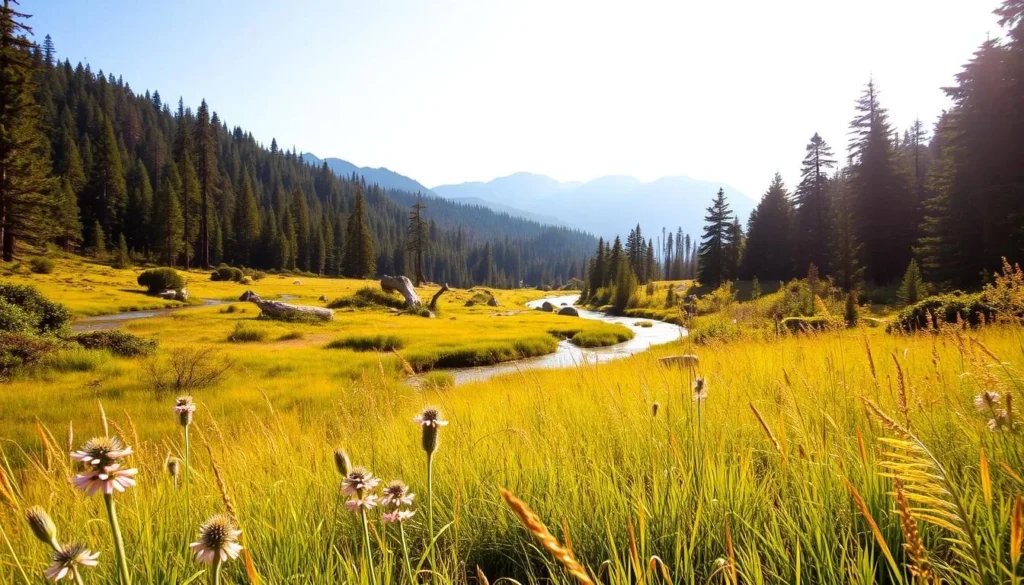 A lush, verdant landscape where diverse ecosystems flourish in the Yolla Bolly-Middle Eel Wilderness. In the foreground, a vibrant meadow bursts with wildflowers and tall grasses swaying in a gentle breeze. The middle ground reveals a tranquil stream cutting through the terrain, its clear waters reflecting the towering peaks of the Californian mountains in the distance. The background showcases a dense, ancient forest, its canopy of towering redwoods and firs casting soft, dappled light upon the scene. Warm sunlight bathes the entire vista, creating a serene, inviting atmosphere that captures the natural splendor of this protected wilderness area.
