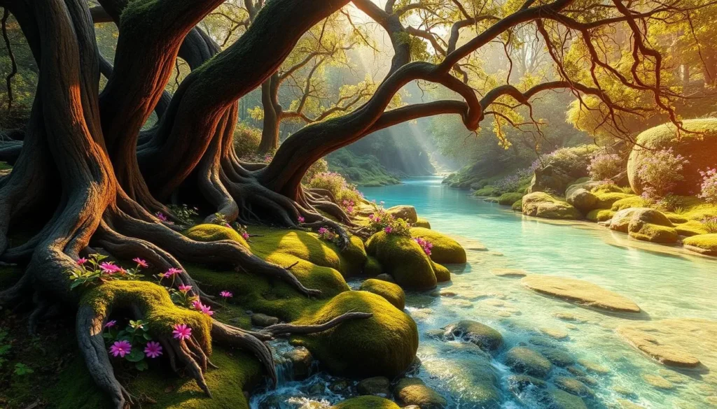 A lush, verdant landscape with a meandering, crystal-clear stream flowing gently through a magical forest. Towering trees with twisted roots frame the scene, their branches casting dappled shadows on the mossy banks. Vibrant, otherworldly flora adorns the sides of the stream, their delicate petals and leaves swaying softly in the warm breeze. The water's surface reflects the sky's azure hue, creating a serene, dreamlike atmosphere. Warm, golden sunlight filters through the canopy, illuminating the scene with a warm, enchanting glow. This is the Fairy Stream, a tranquil oasis where the boundaries between the natural and the mystical blur, inviting the viewer to step into a realm of wonder and enchantment.
