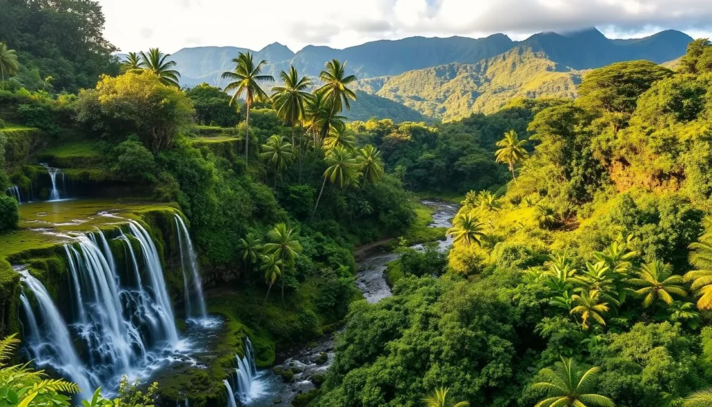 A lush, verdant landscape with cascading waterfalls amidst the tropical rainforests of Hilo, Hawaii. In the foreground, a series of picturesque waterfalls tumble over mossy cliffs, their crystal-clear waters glistening in the warm, golden sunlight. The middle ground features a tranquil stream winding its way through the dense foliage, flanked by towering palm trees and vibrant ferns. In the background, rolling hills and distant mountains create a serene, natural backdrop, their slopes draped in a verdant tapestry of foliage. The scene exudes a sense of peace and harmony, capturing the essence of Hilo's stunning natural beauty.