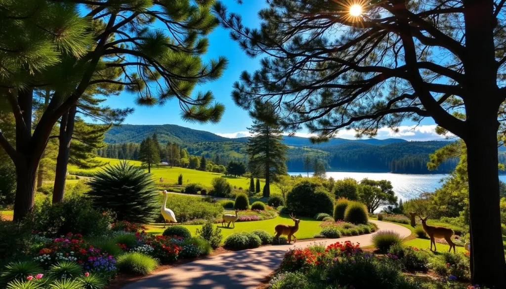 A lush, verdant landscape with rolling hills and towering pine trees, where a tranquil lake reflects the azure sky. In the foreground, a winding path leads visitors through a serene botanical garden, filled with vibrant flowers and shaded by leafy canopies. Diverse wildlife, such as graceful swans and playful deer, thrive in this natural haven. Warm sunlight filters through the branches, casting a gentle glow and evoking a sense of peace and harmony. The scene captures the essence of Goldingen's natural paradise, inviting the viewer to immerse themselves in the beauty and tranquility of this remarkable destination.
