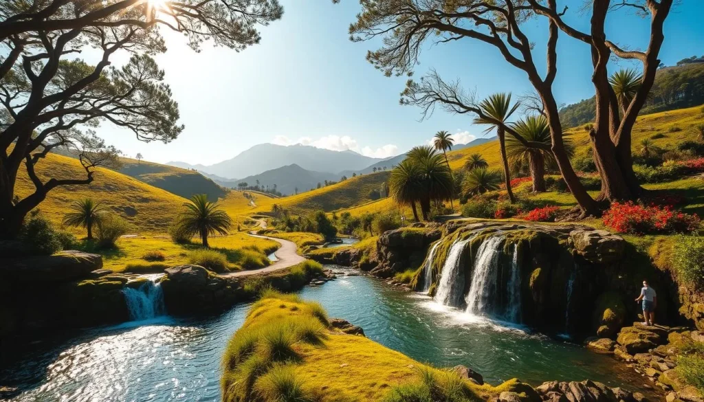 A lush, verdant landscape with rolling hills and winding streams, bathed in warm, golden sunlight. In the foreground, a picturesque waterfall cascades over rugged, moss-covered rocks, its crystal-clear waters sparkling as they flow into a serene pool below. Towering, ancient trees line the banks, their branches creating a dappled canopy that filters the light, casting soft shadows across the scene. In the middle ground, a meandering path leads visitors through a vibrant, diverse array of native flora, from colorful wildflowers to towering palms. In the distance, majestic mountains rise up, their peaks shrouded in wispy clouds, creating a sense of tranquility and wonder. The overall atmosphere is one of peaceful, natural splendor, inviting exploration and relaxation.